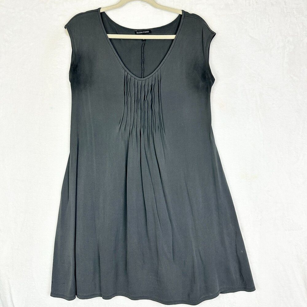 Eileen Fisher Silk Jersey Pintuck Tunic Size XS Gray V-Neck